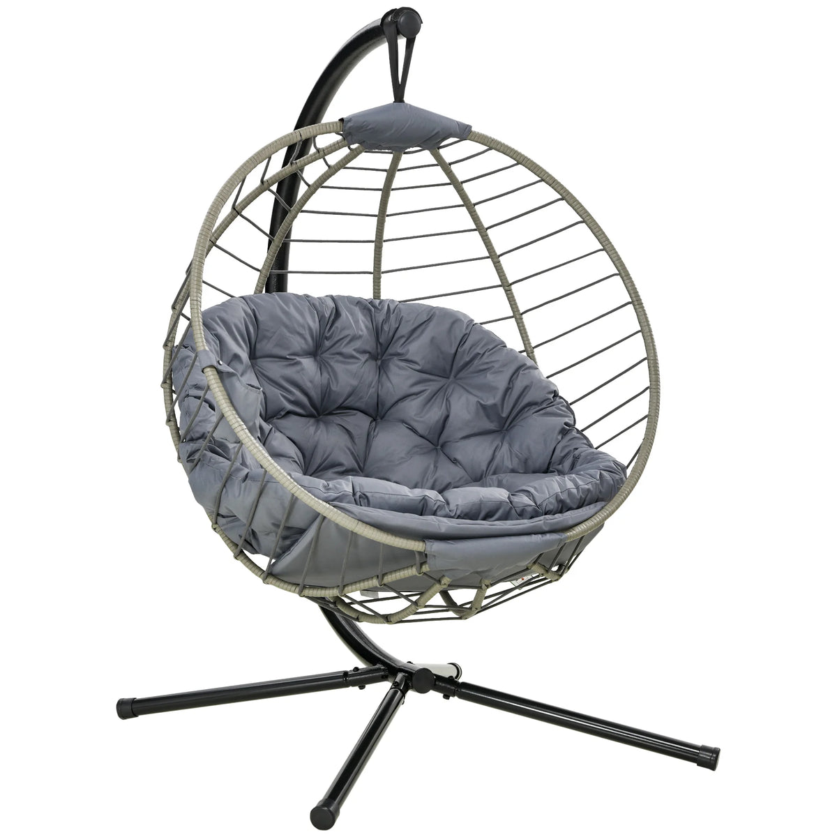 Rattan Hanging Swing Chair with Stand, Cushion and Cup Holder, Grey