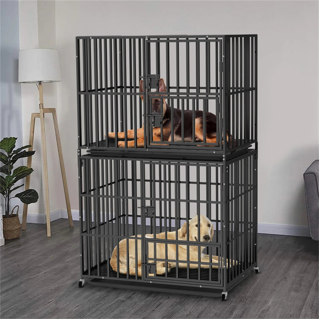 BORWART Oversized Stackable Double Layer Dog Crate 107x77.5x156.5cm Heavy Duty Lockable Wheels for Medium Large Dogs