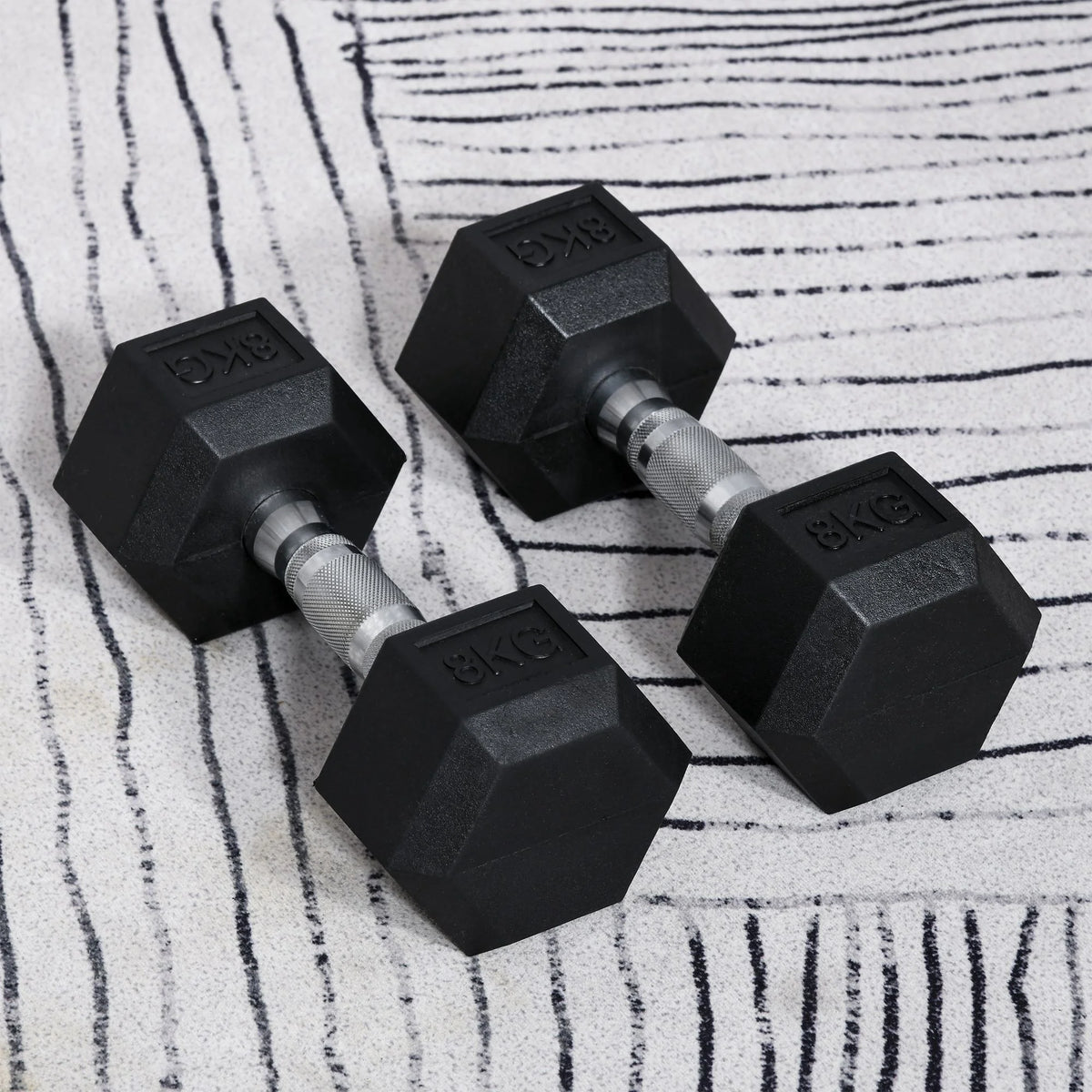 2 x 8kg Rubber Hex Dumbbells, Pair of Hand Weights with Knurled Handle, Black