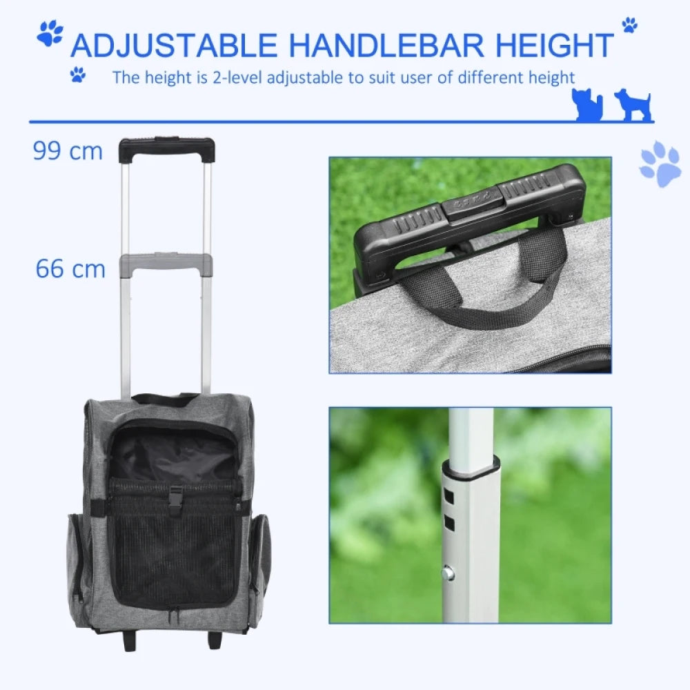 2 in 1 Pet Carrier Backpack with Wheels and Telescopic Handle Travel Trolley for Cats and Small Dogs Grey
