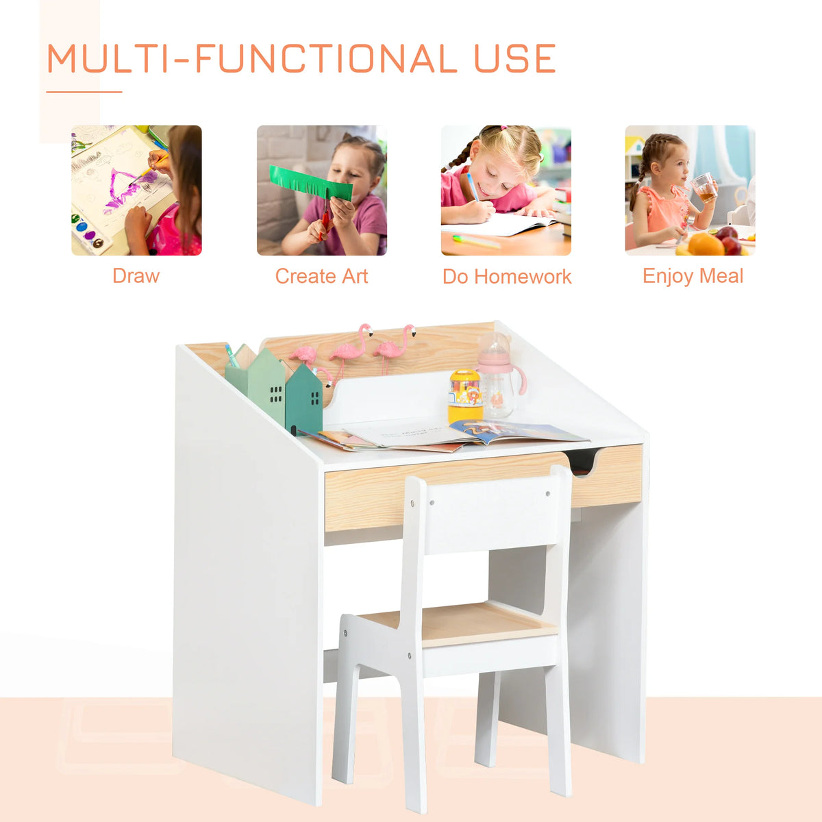 Kids Study Desk and Chair Set with Pull Out Drawer and Bookshelf MDF Rounded Edges for Ages 3-6