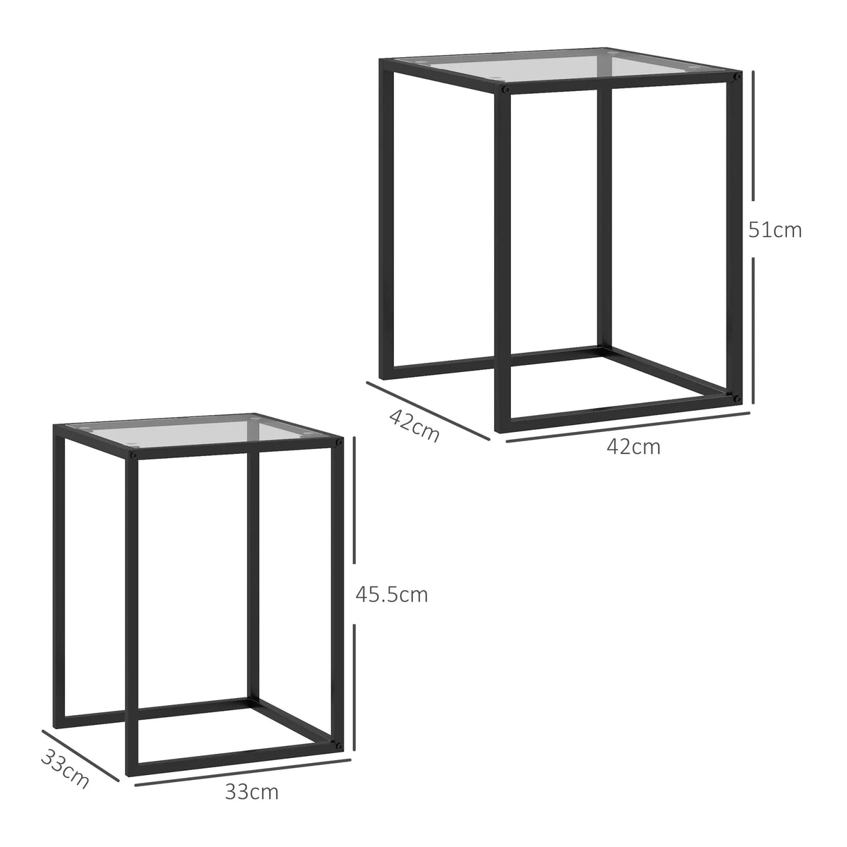 Nesting Tables Set of 2, End Table with Tempered Glass Top, Black