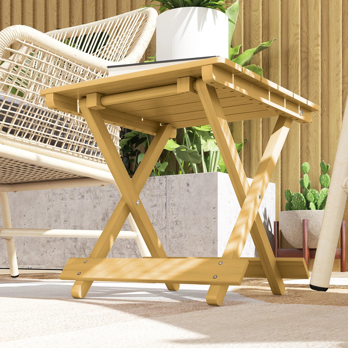 Fir Wood Folding Coffee Table, Lightweight Portable Garden Side Table with Slatted Top