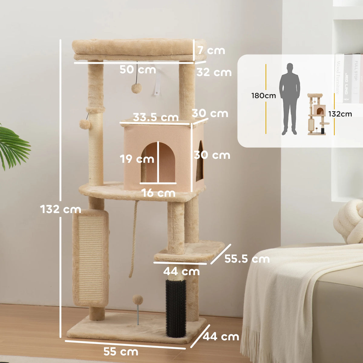 PawHut 132cm Cat Tree Tower Scratching Post Bed House Beige Multi Level
