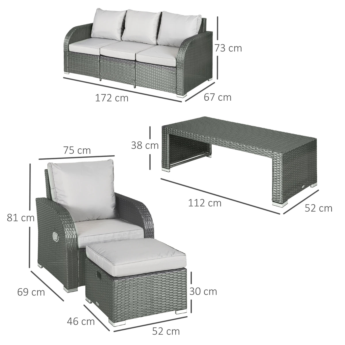 6 Piece Rattan Garden Sofa Set 3 Seater 2 Reclining Armchairs 2 Footstools Table Powder Coated Steel