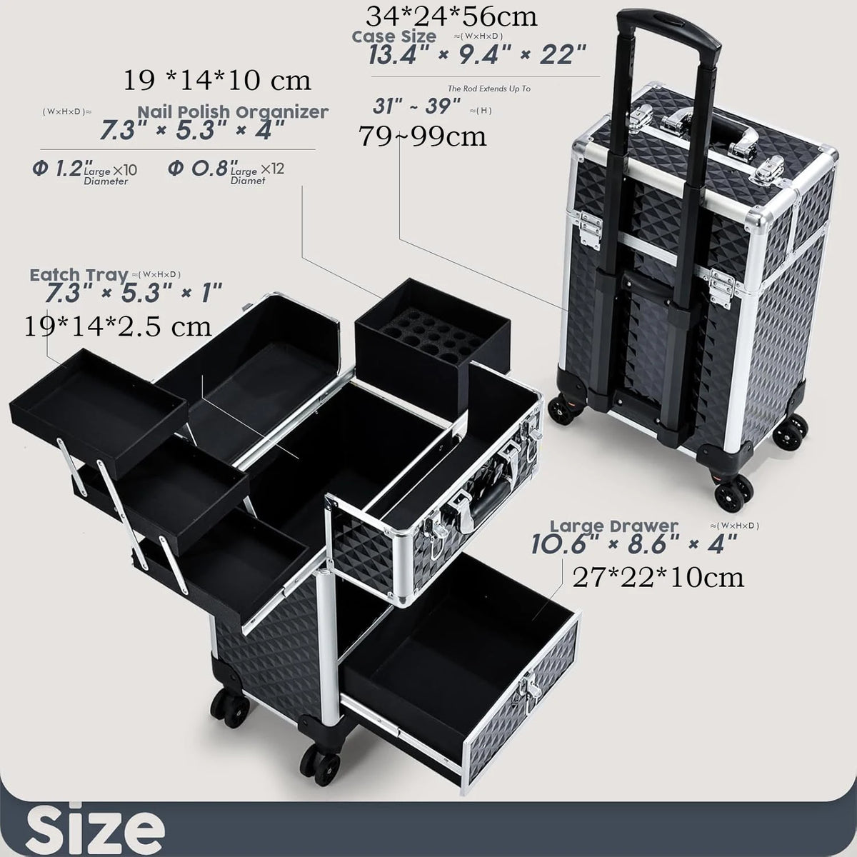 Rolling Makeup Case with Slide Out Drawer and 4 Trays 36-55L PVC Cosmetic Trolley for Salon and Travel