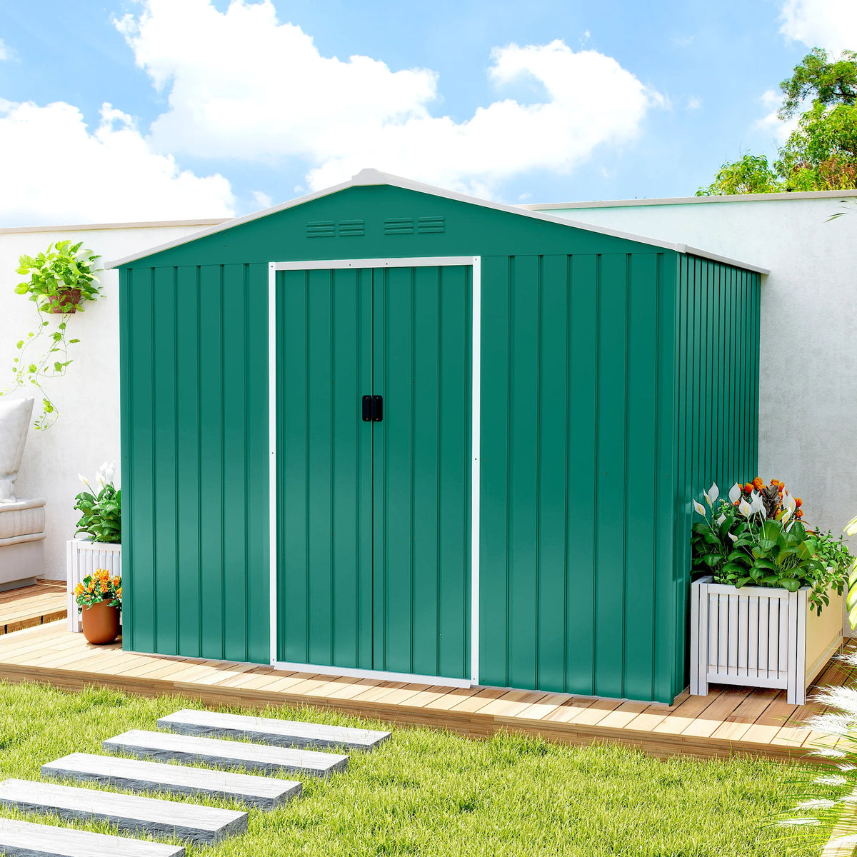 8 x 6ft Metal Garden Shed with Lockable Double Sliding Doors and Vents