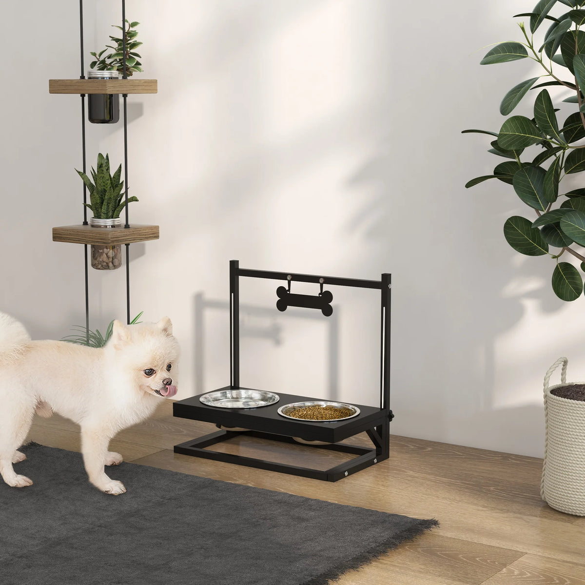 Height Adjustable Raised Dog Bowl Stand with 2 Stainless Steel Bowls