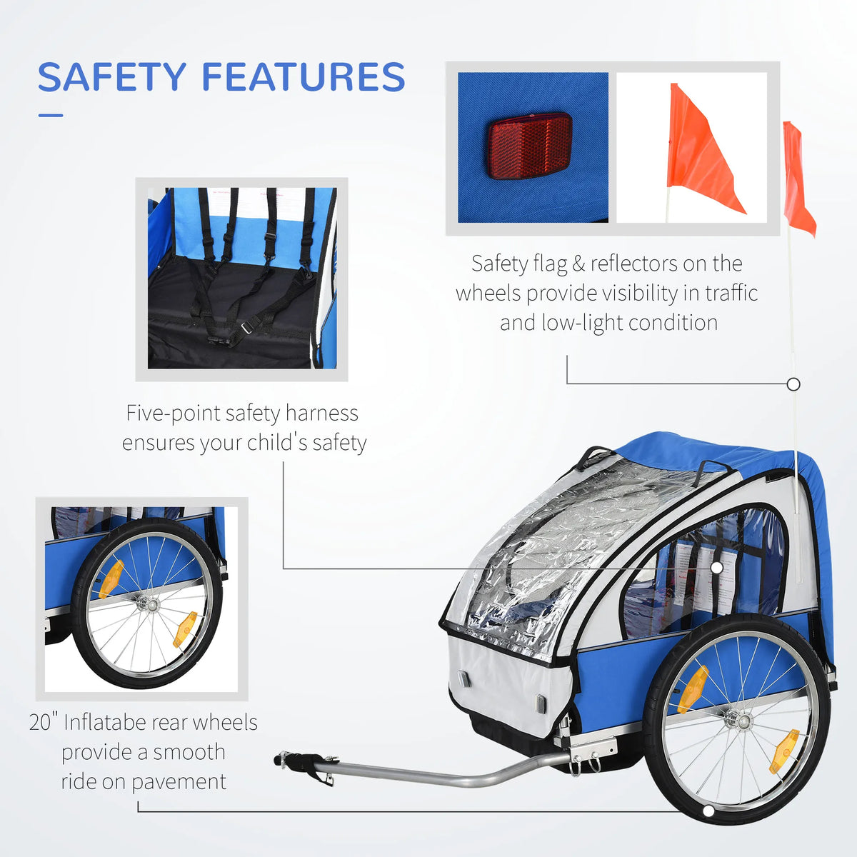 2 Seat Child Bike Trailer with 5 Point Harnesses Steel Frame Oxford Canopy Reflectors and Safety Flags