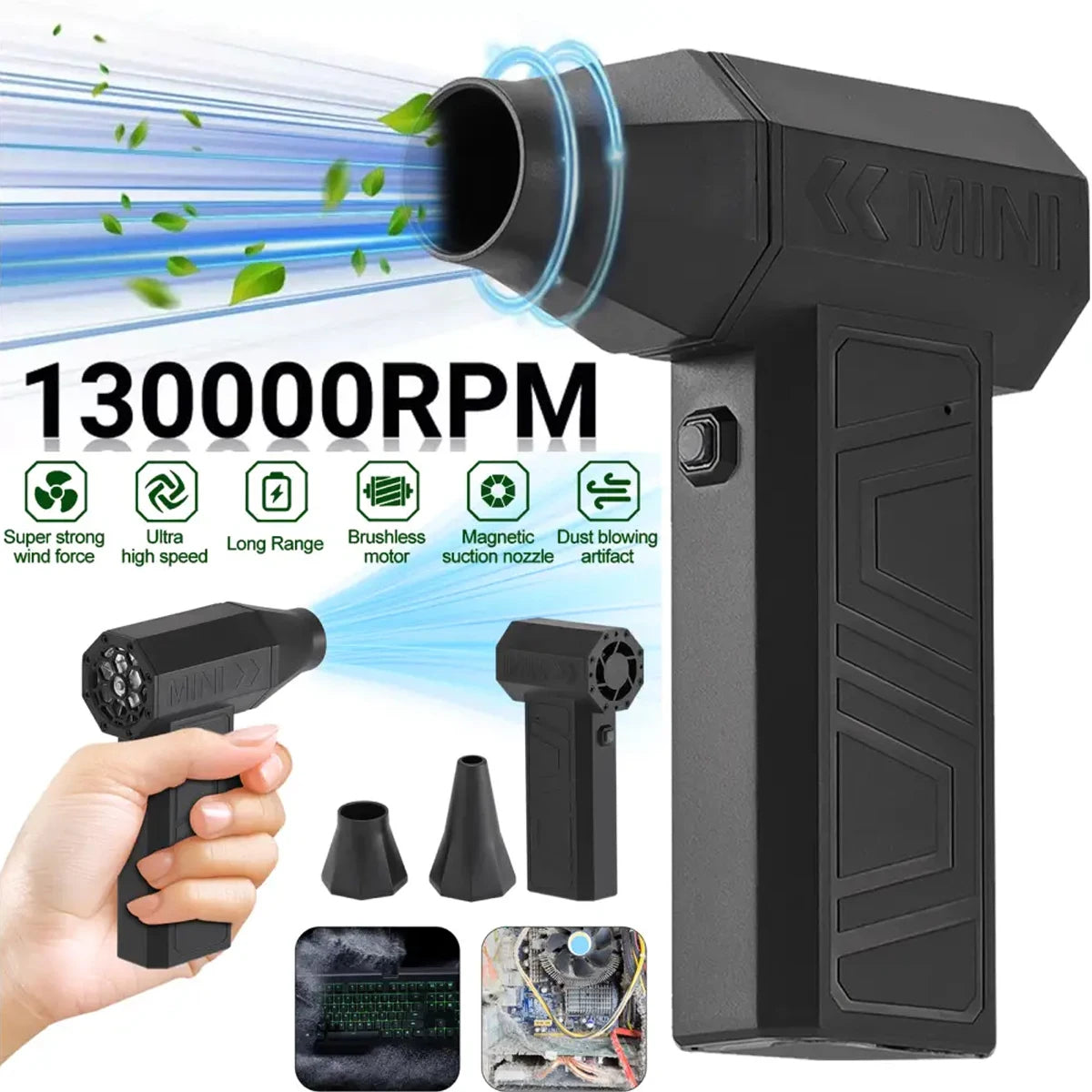 Mini Electric Air Duster 130,000rpm with 3 Speeds, USB-C Rechargeable Turbo Blower