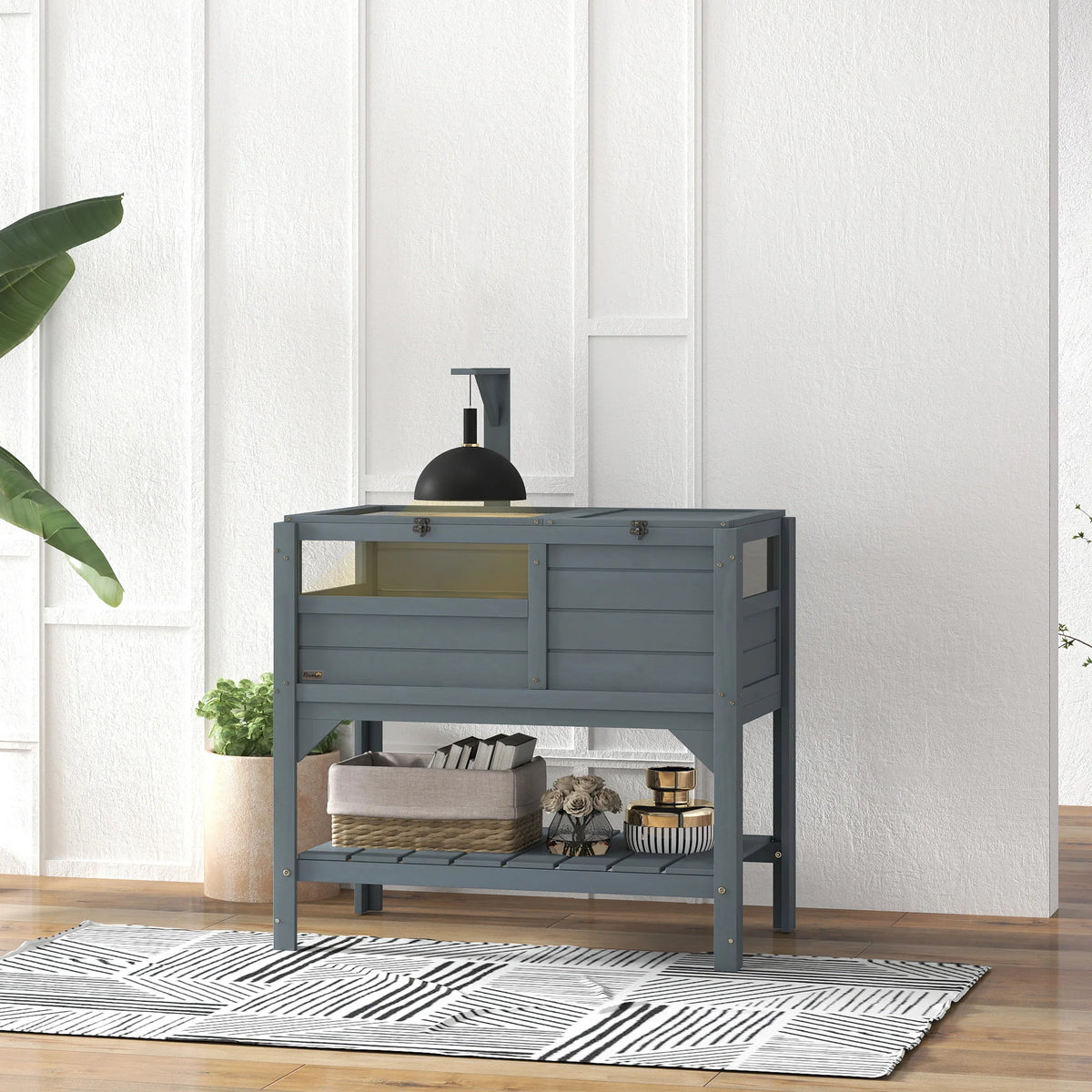 Wooden Tortoise House with Run, Shelter, Shelf & Lamp Holder, Grey