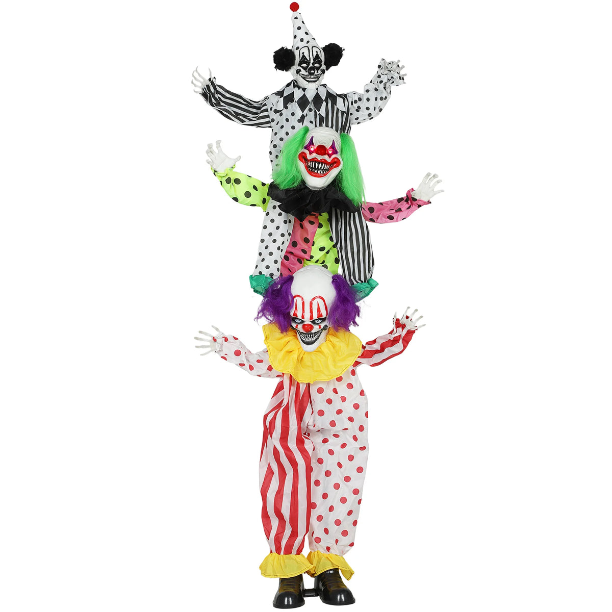 Three stacked animatronic Halloween clowns with light and sound effects