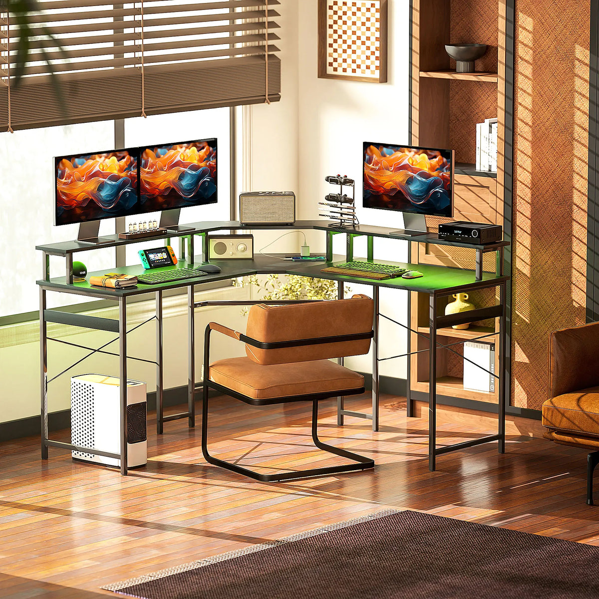 L Shaped Corner Desk with 16 Colour LED Lights Monitor Stand 2 Power Outlets USB and USB C Ports Black