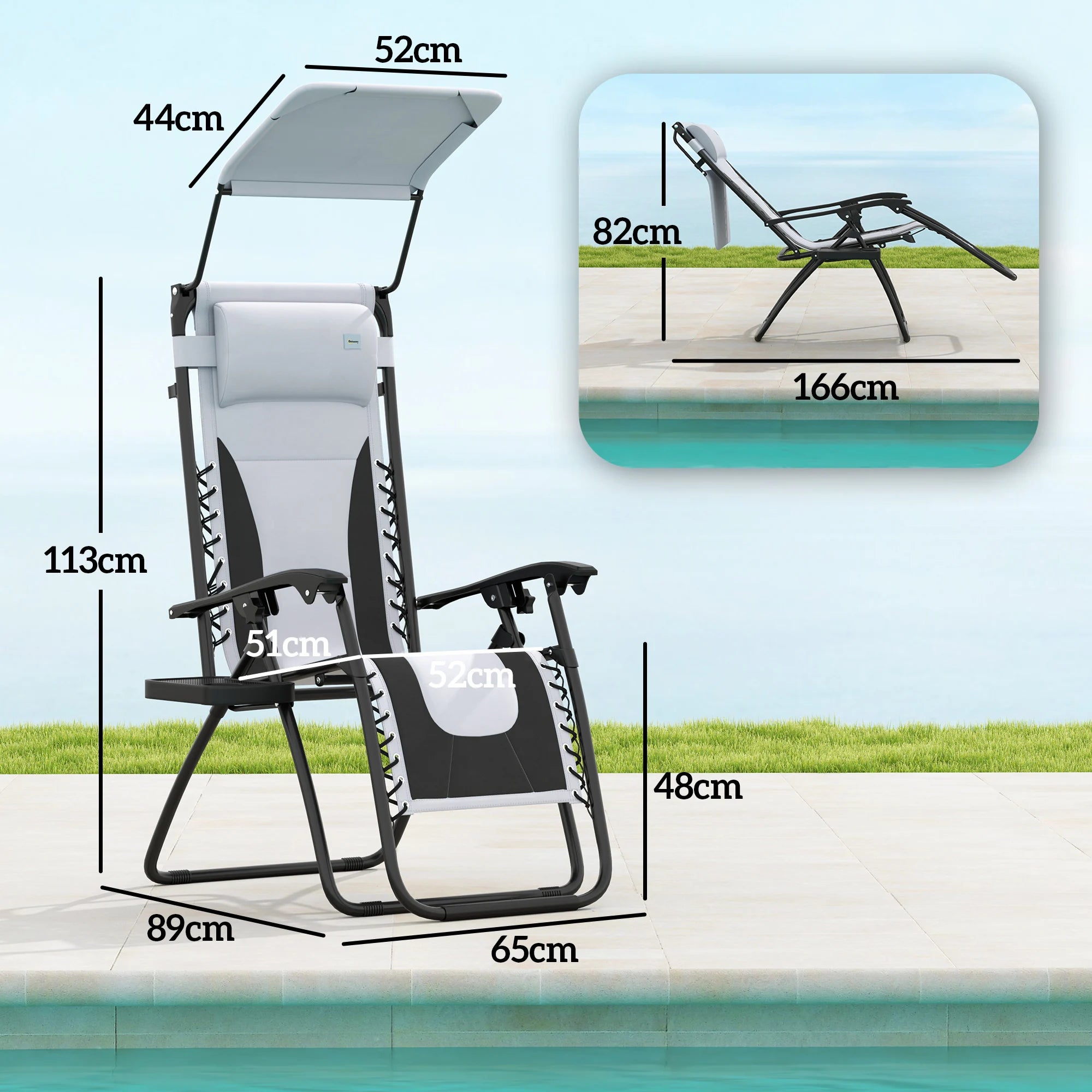 Set of 2 Zero Gravity Folding Lounger Chairs with Canopy, Cup Holder Tray and Removable Headrest
