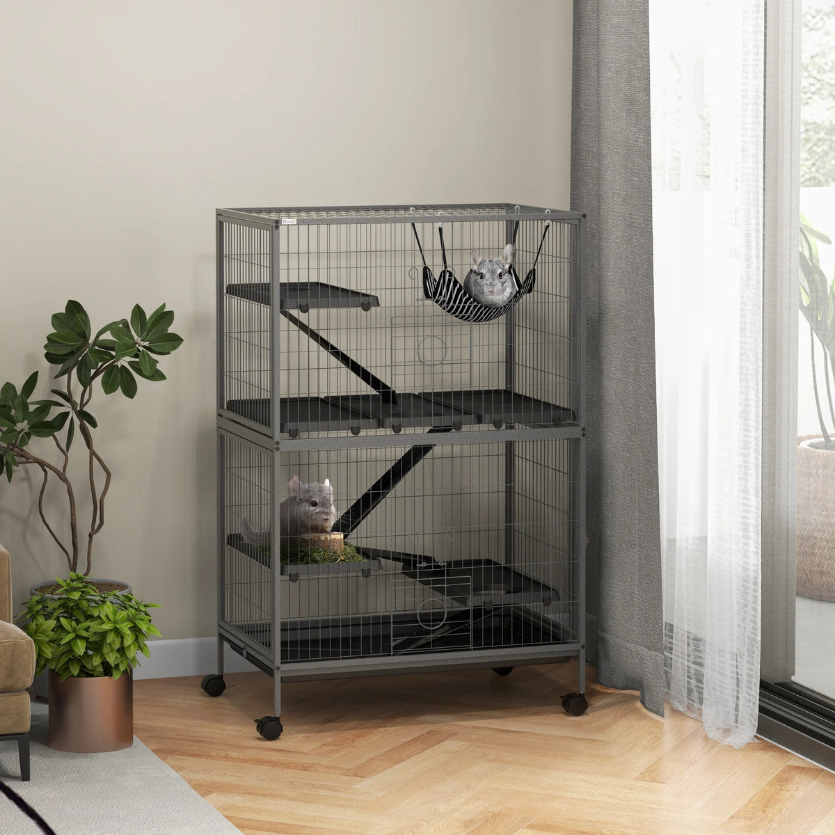 Small Animal Cage on Wheels with Hammock Multiple Platforms Ramps 4 Doors and Removable Tray