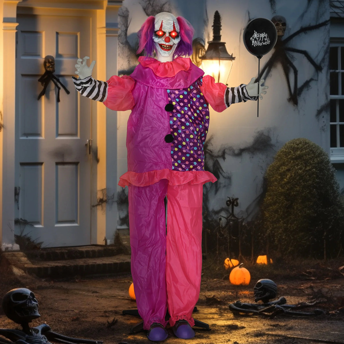 Clown prop holding a balloon shown in a hallway