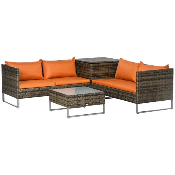 4 Piece Rattan Corner Sofa Set with Storage Table and Loveseats, Orange
