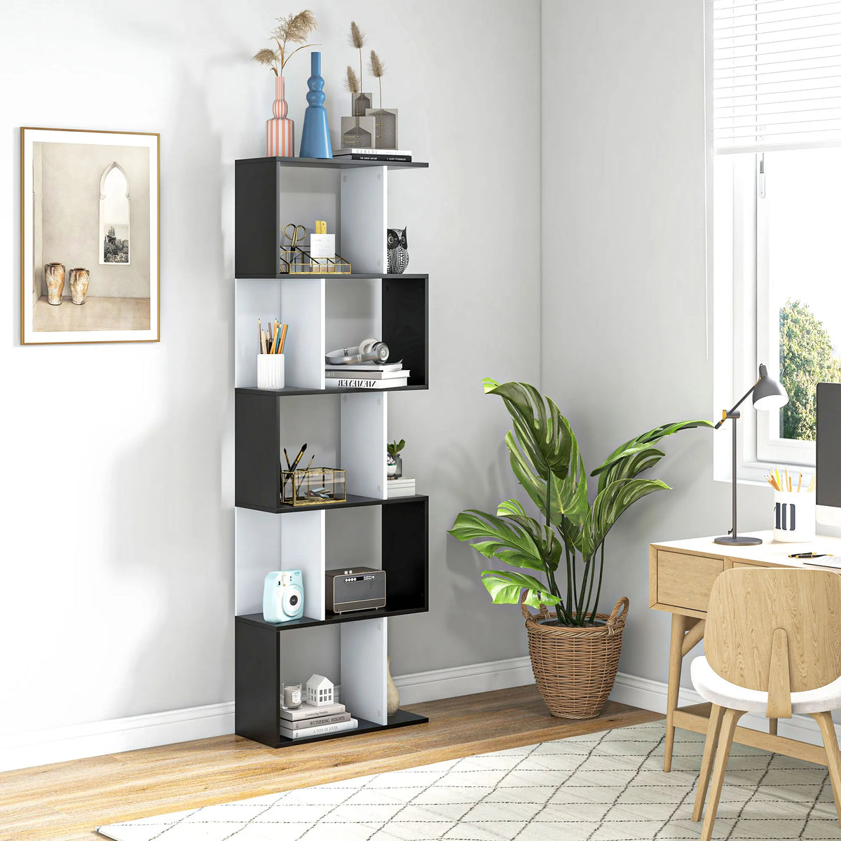 5 Tier S Shape Bookcase Open Back Shelving Unit Doubles as Room Divider Particle Board Black