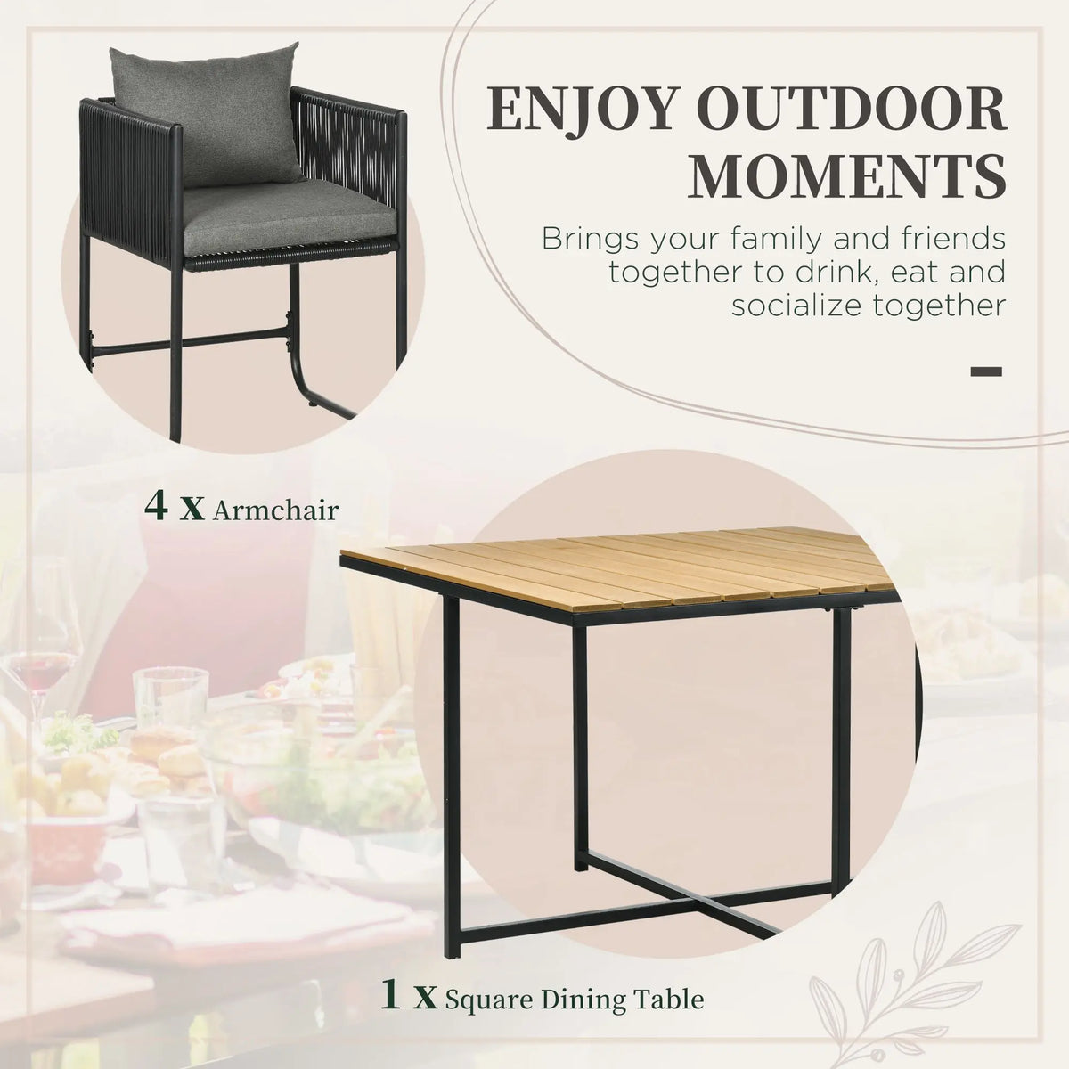 5 Piece Rattan Cube Garden Set 4 Armchairs Square Table Powder Coated Metal Wood Effect Top with Cushions