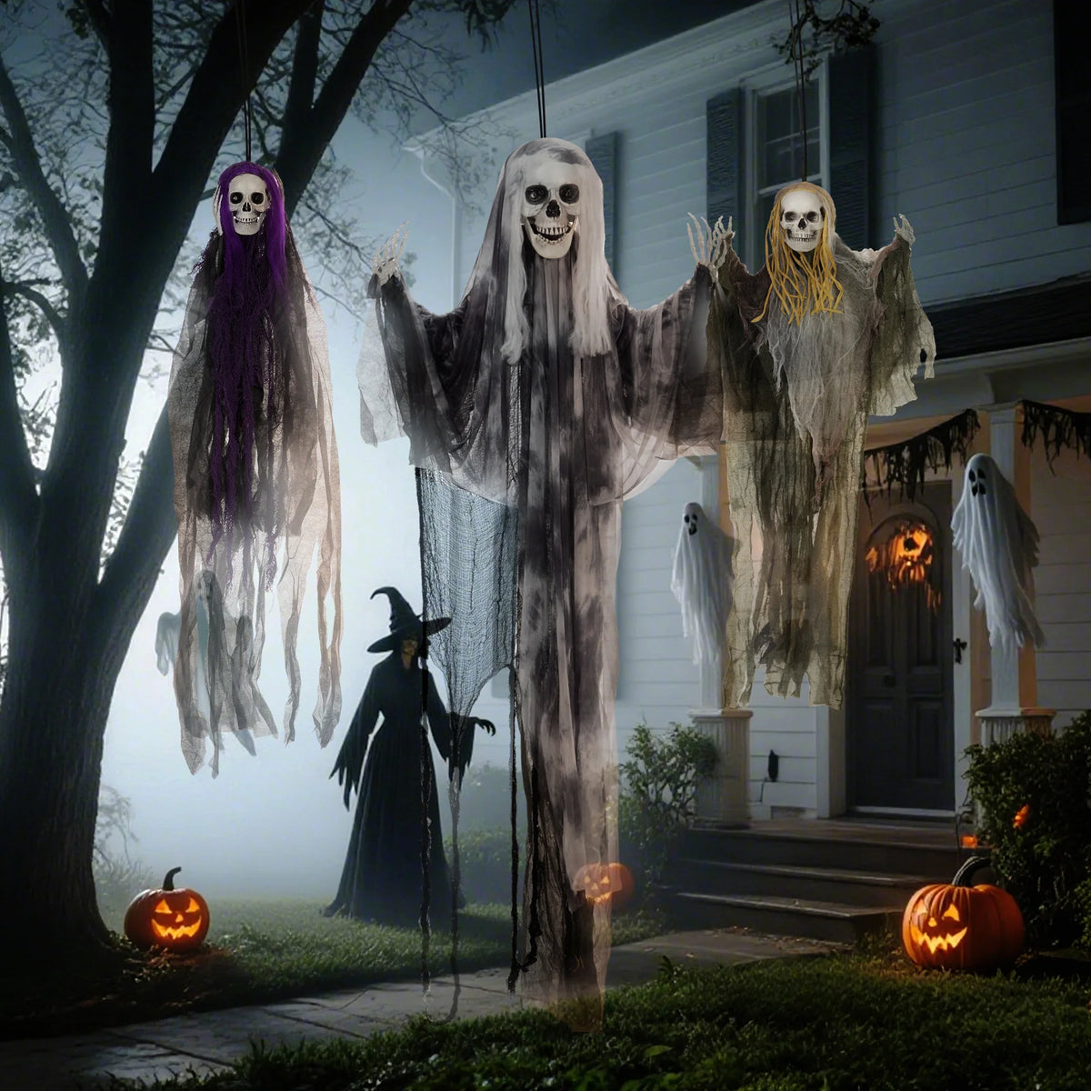 HOMCOM Set of 3 Hanging Skeletons & Flying Ghosts – Halloween Decorations