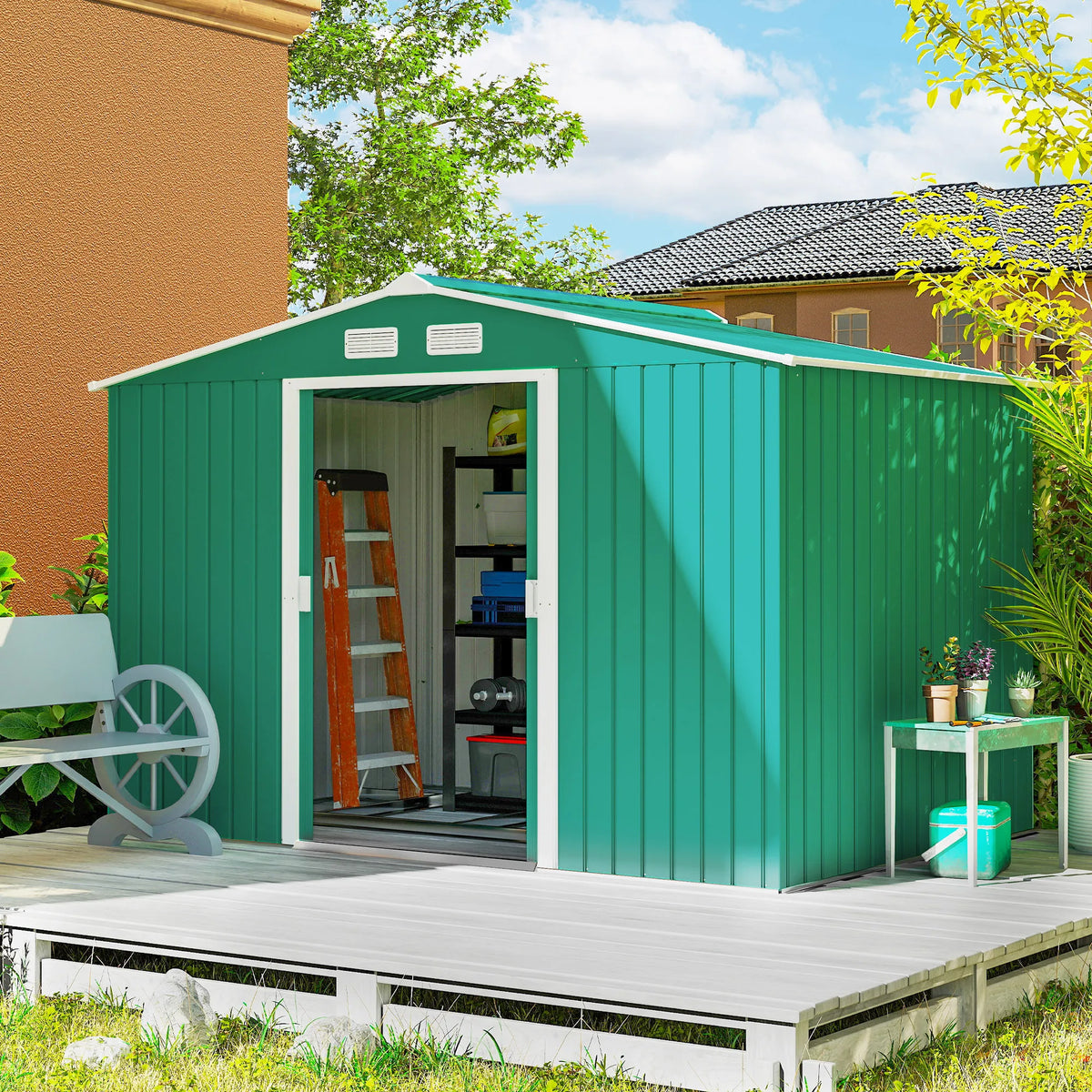 9 x 6ft Metal Garden Shed with Lockable Sliding Doors and Foundation Kit, Green