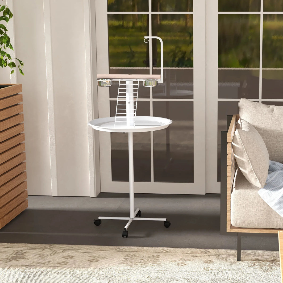 Mobile Bird Table with Perches, Stainless Steel Bowls and Wheels