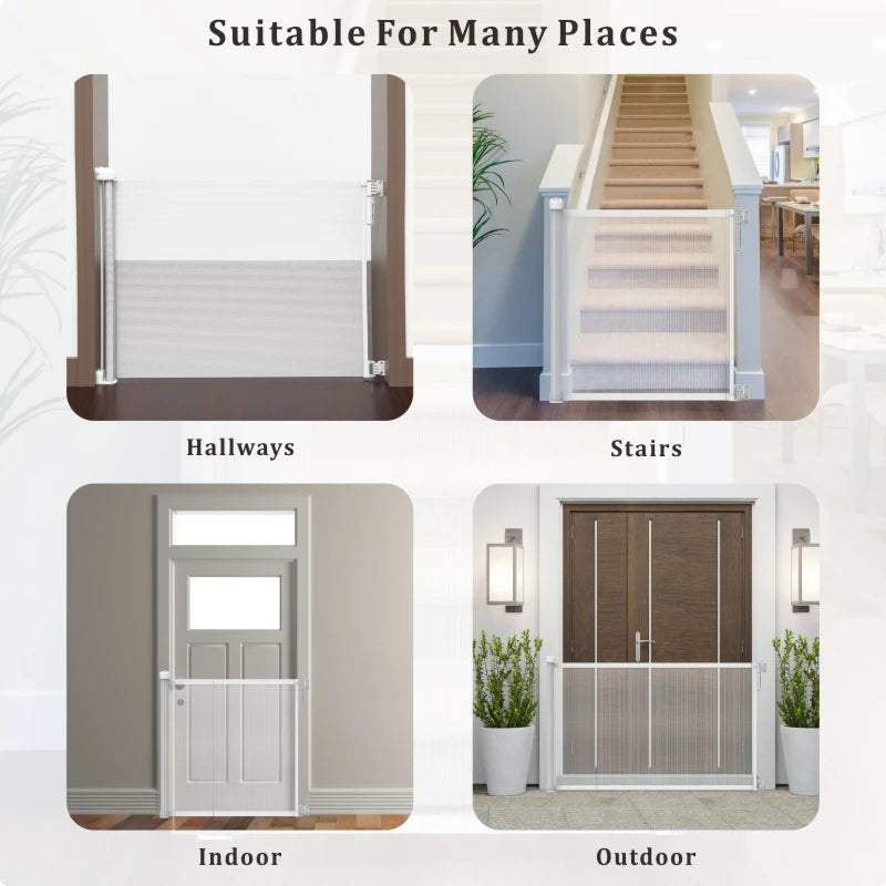 130cm Retractable Dog Gate Adjustable Double Locking System One Hand Operation for Stairs Doorways Kitchen White