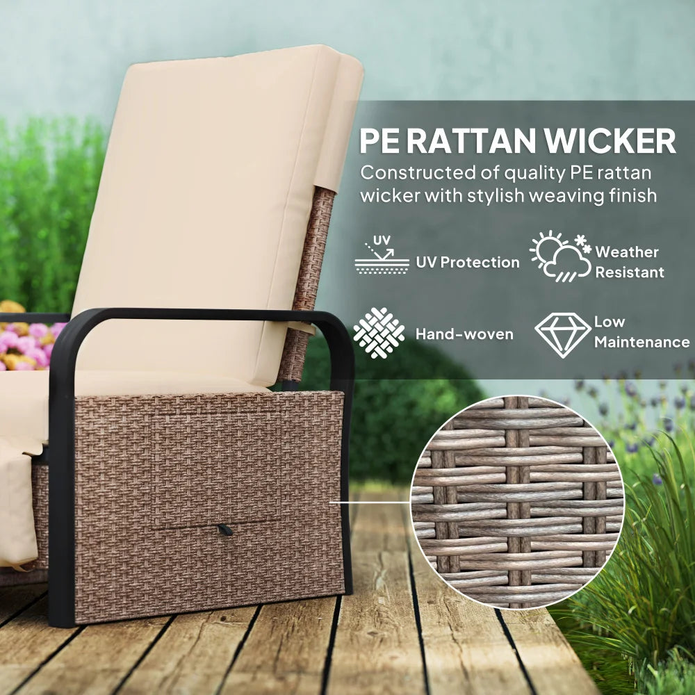 Reclining Rattan Armchair 140° with Footrest Side Table Cushion 120kg for Garden Pool Beach Patio Brown Khaki