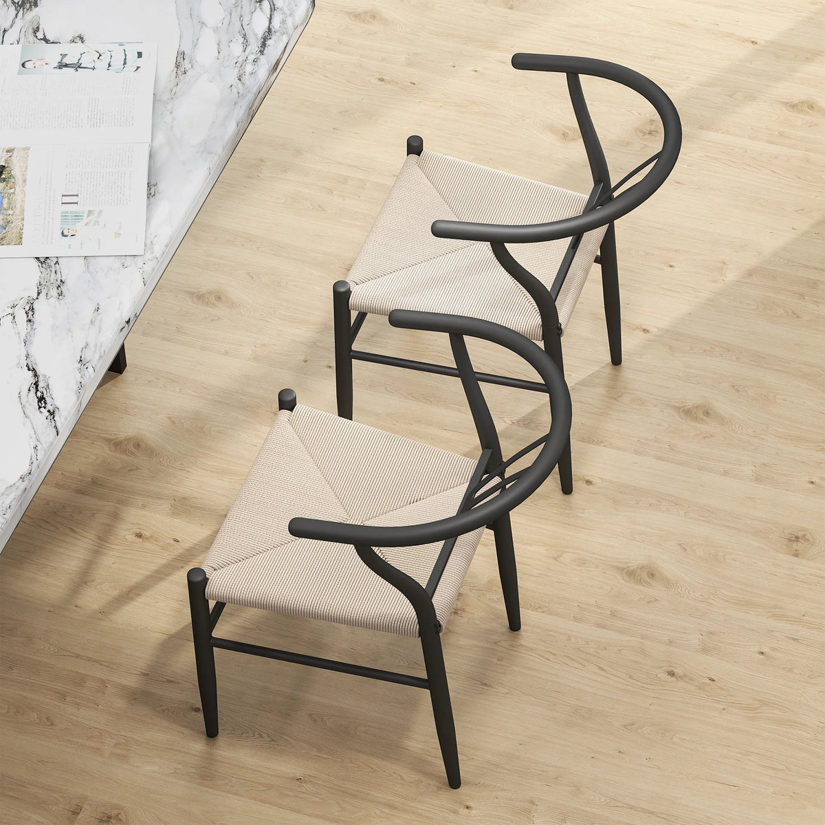 Weave Dining Chairs Set of 2 with Y-Shaped Backrest, Woven Seat, Black