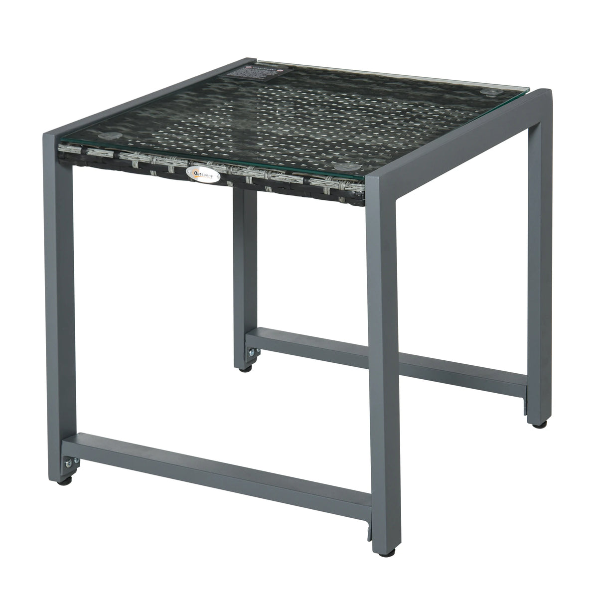 Rattan Side Table 50cm PE Wicker Garden End Table with Tempered Glass Top Aluminium Frame Adjustable Feet Grey