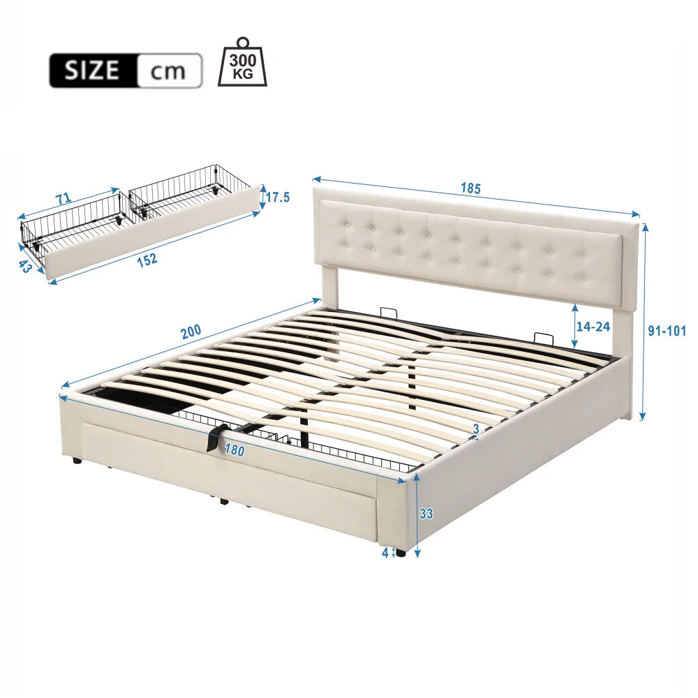 Super King 6ft Upholstered Bed Frame with Storage, Cream Velvet, Height-Adjustable Headboard