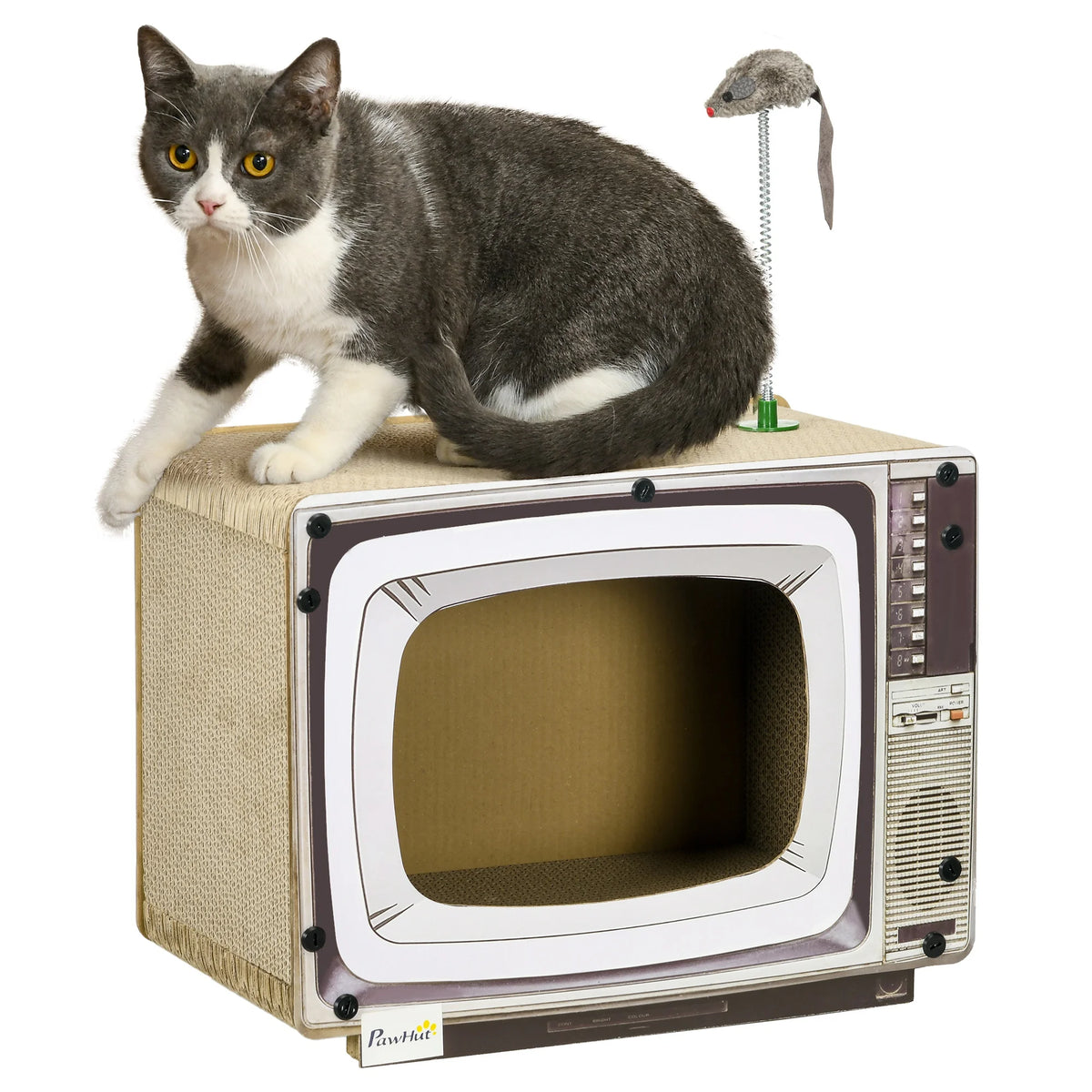 TV-Shaped Cardboard Cat House and Scratcher with Toy Mouse and Catnip