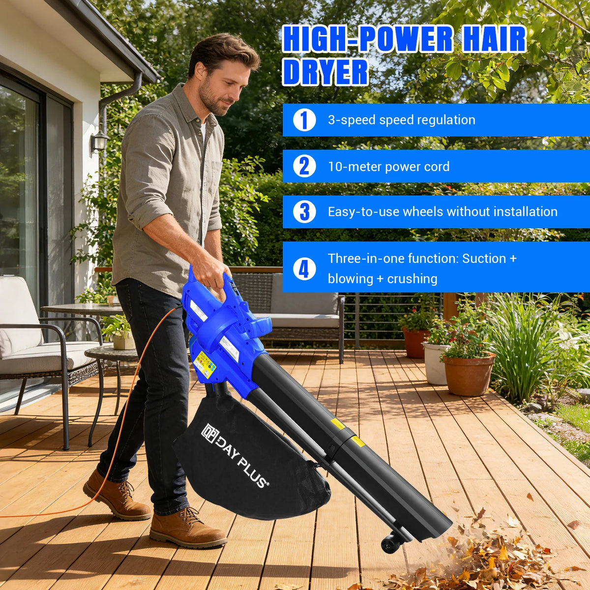 3-in-1 Electric Leaf Blower, Garden Vacuum and Mulcher 3500W with 35L Bag and 10m Cable