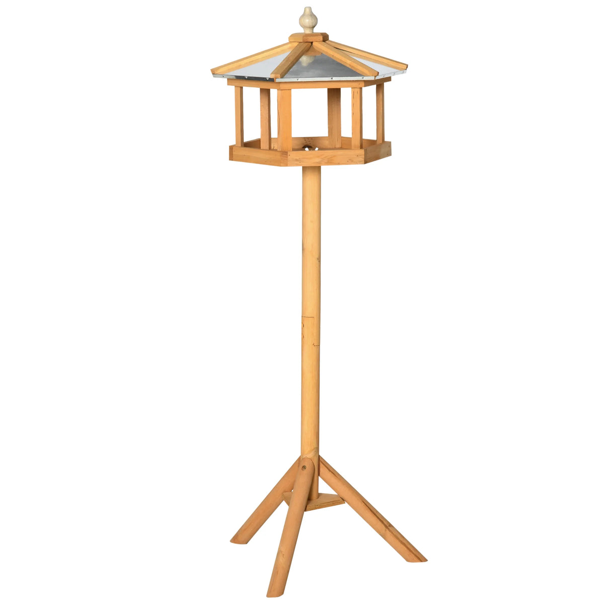 Wooden Bird Table Free Standing Feeder 40x113cm Fir Wood with Metal Roof and Tripod Base Natural