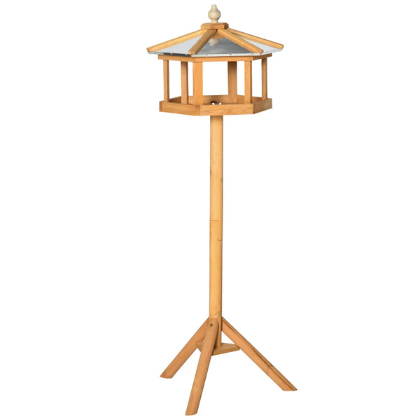 Wooden Bird Table Free Standing Feeder 40x113cm Fir Wood with Metal Roof and Tripod Base Natural
