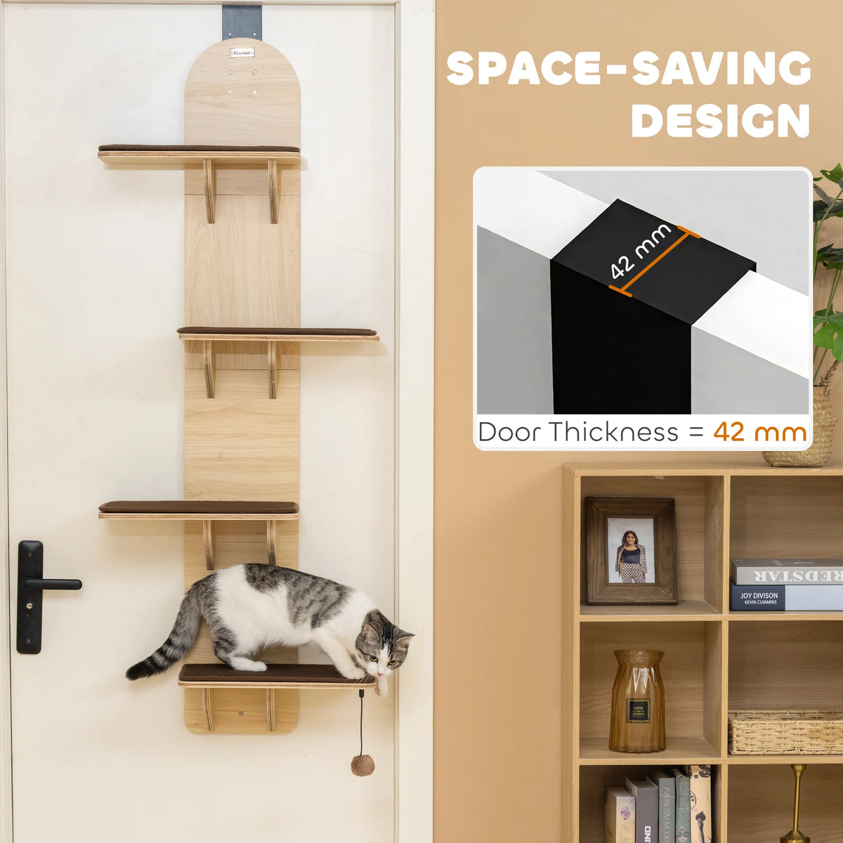 PawHut 4 Level Door Mounted Cat Tree Washable Plush Pads Toy Ball Oak Brown