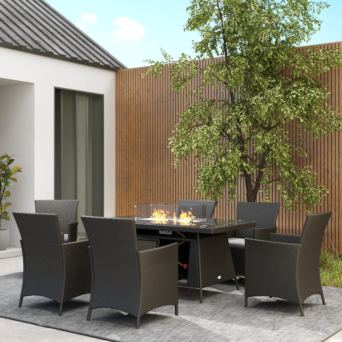 7 PCs PE Rattan Dining Set with Fire Pit Table and Cushioned Armchairs, Black