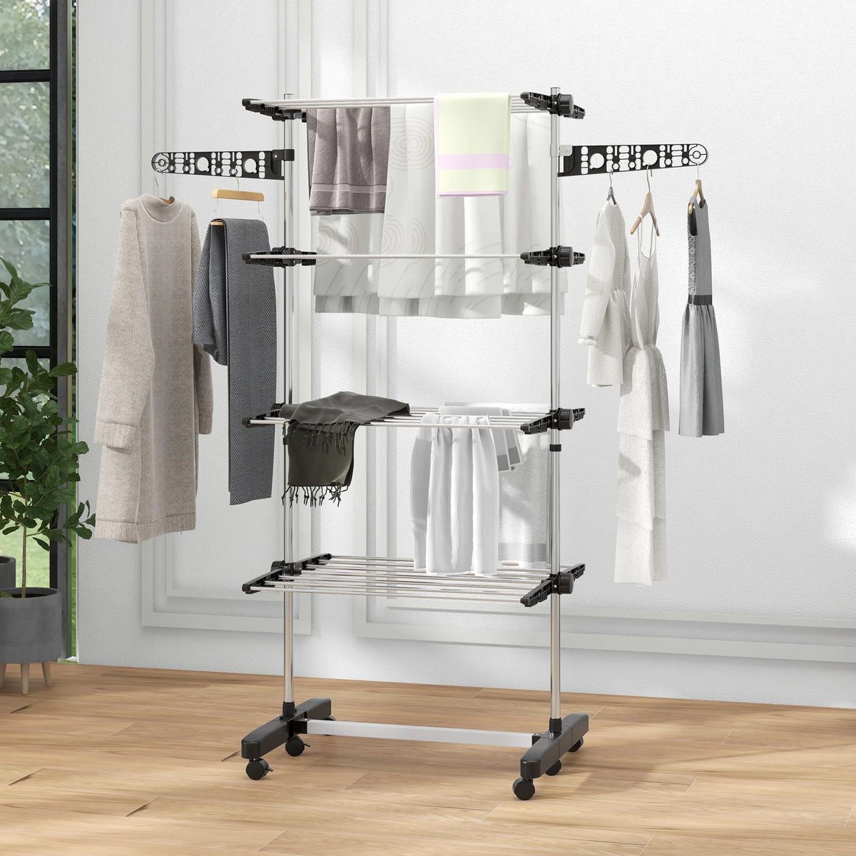 4-Tier Stainless Steel Clothes Airer with Wheels, Folding Drying Rack