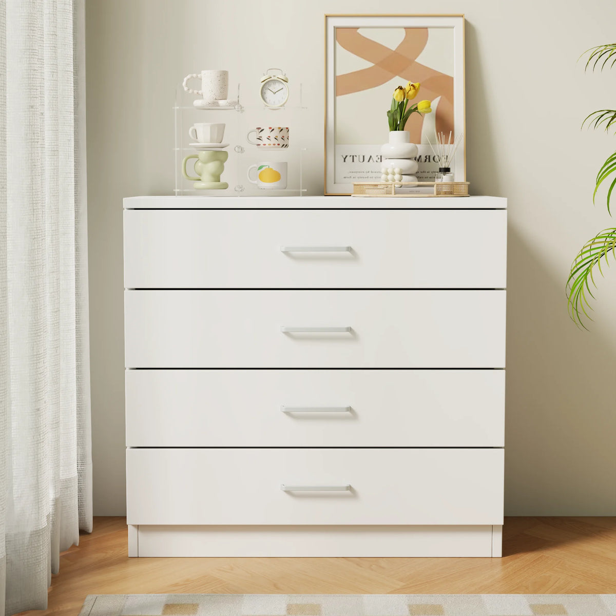 4 Drawer Chest of Drawers Hardwood HDF Construction Metal Handles Flat Panel Doors Bedroom Living Room