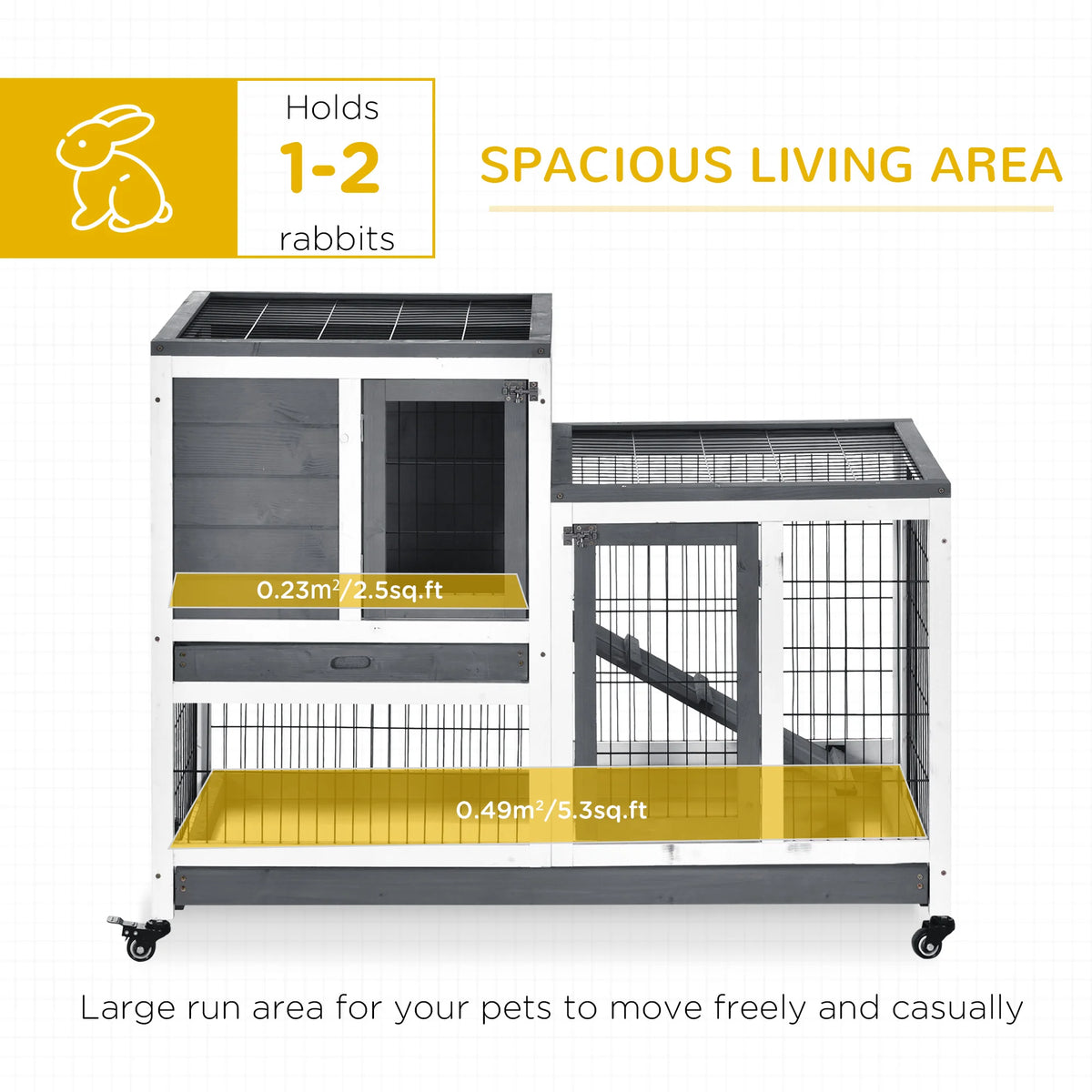 Indoor Rabbit Hutch Elevated 2 Tier Bunny Cage with Enclosed Run Ramp 4 Wheels and Removable Trays