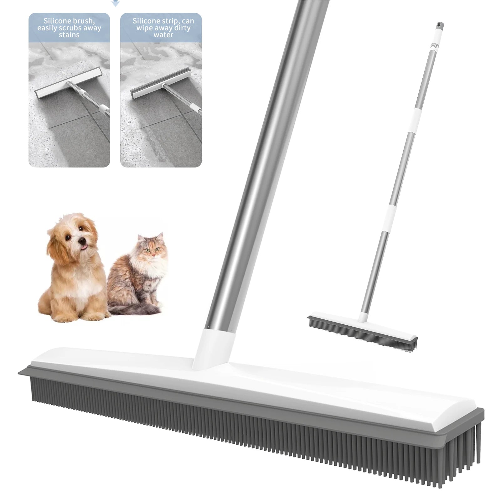 Rubber Broom with Squeegee 2-in-1 Telescopic Pet Hair Remover Carpet Rake for Hardwood Tile Bathroom Floor