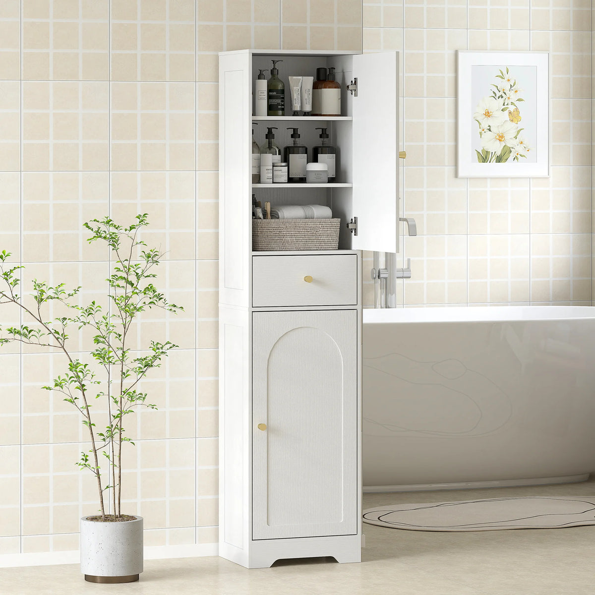 Tall Bathroom Storage Cabinet with Arch Doors and Adjustable Shelf, 40 x 29.5 x 170 cm, White