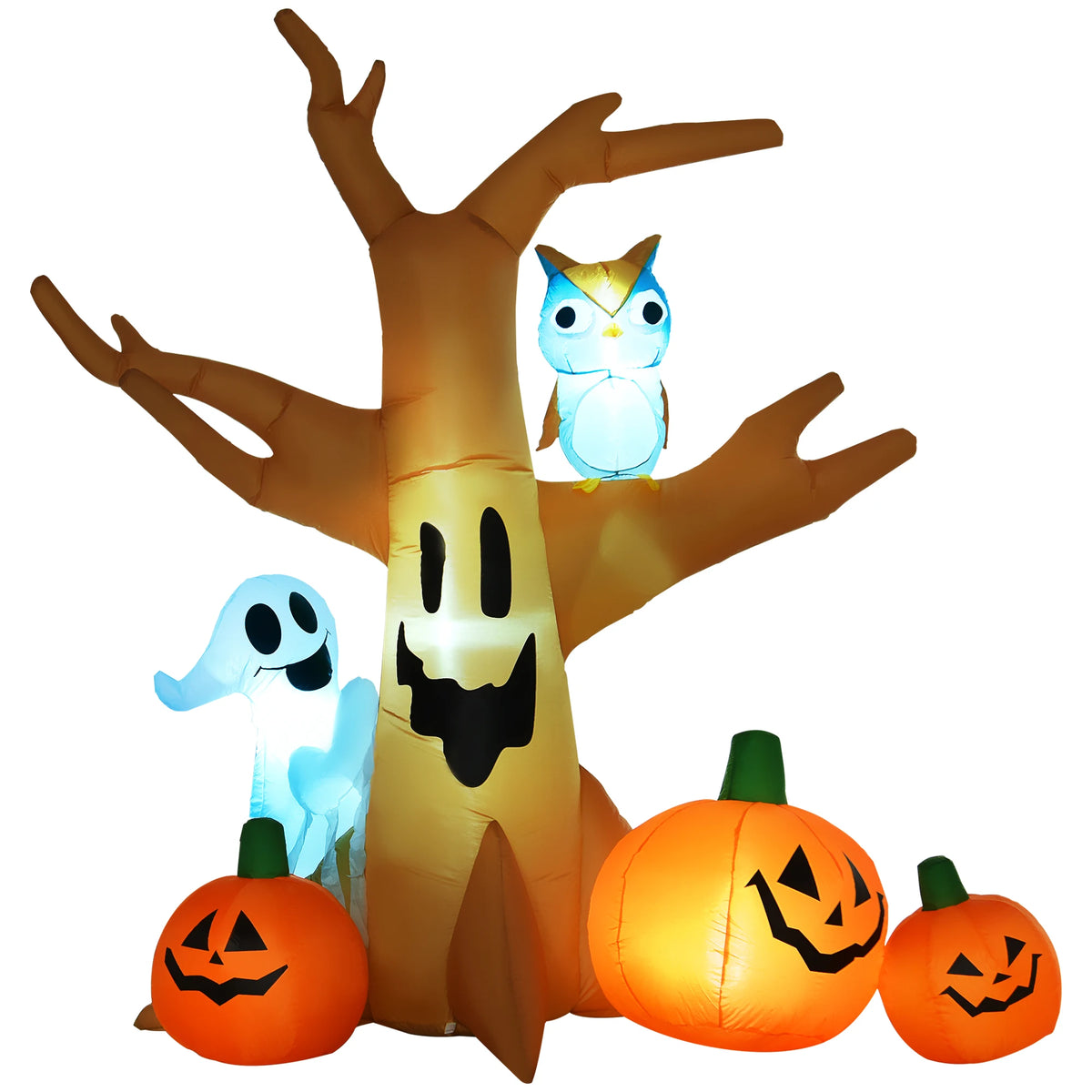 Inflatable Halloween Tree with Ghost, Owl and Three Pumpkins, LED Lit Decoration