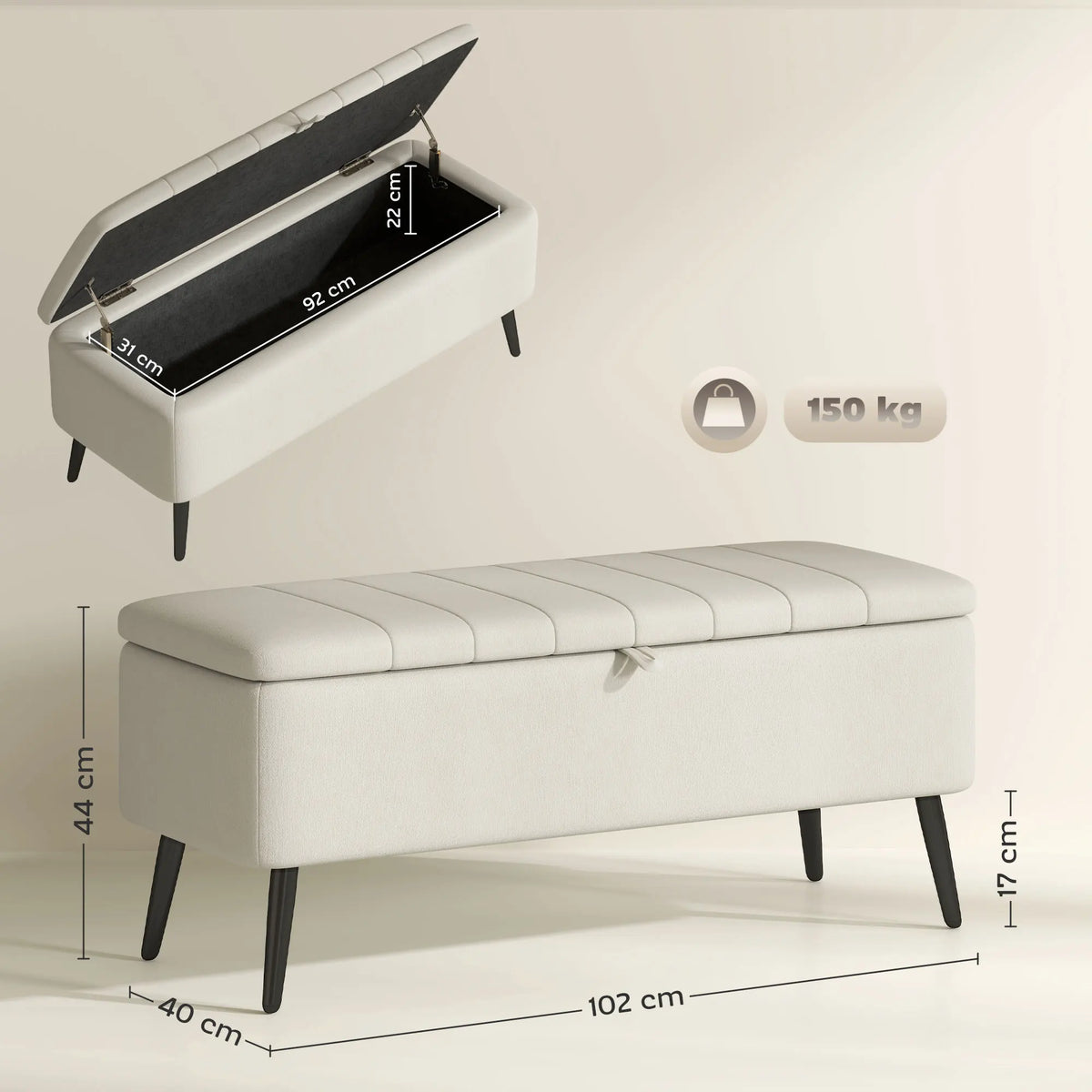 Storage Ottoman Bench with Padded Lid and Steel Legs, 102 x 40 x 44 cm, Cream White