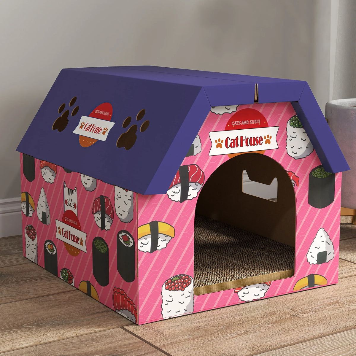 2 in 1 Cardboard Cat House and Scratching Board with 4 Paw Shaped Vents Sushi Design with Cat Grass Pink