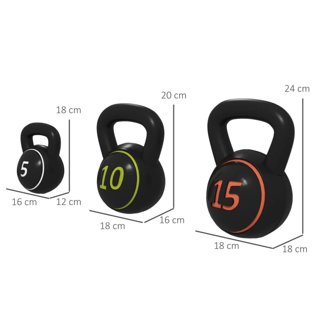 3 Piece Kettlebell Set 5lb 10lb 15lb 2.2kg 4.5kg 6.8kg with Storage Tray Flat Base Plastic Cover