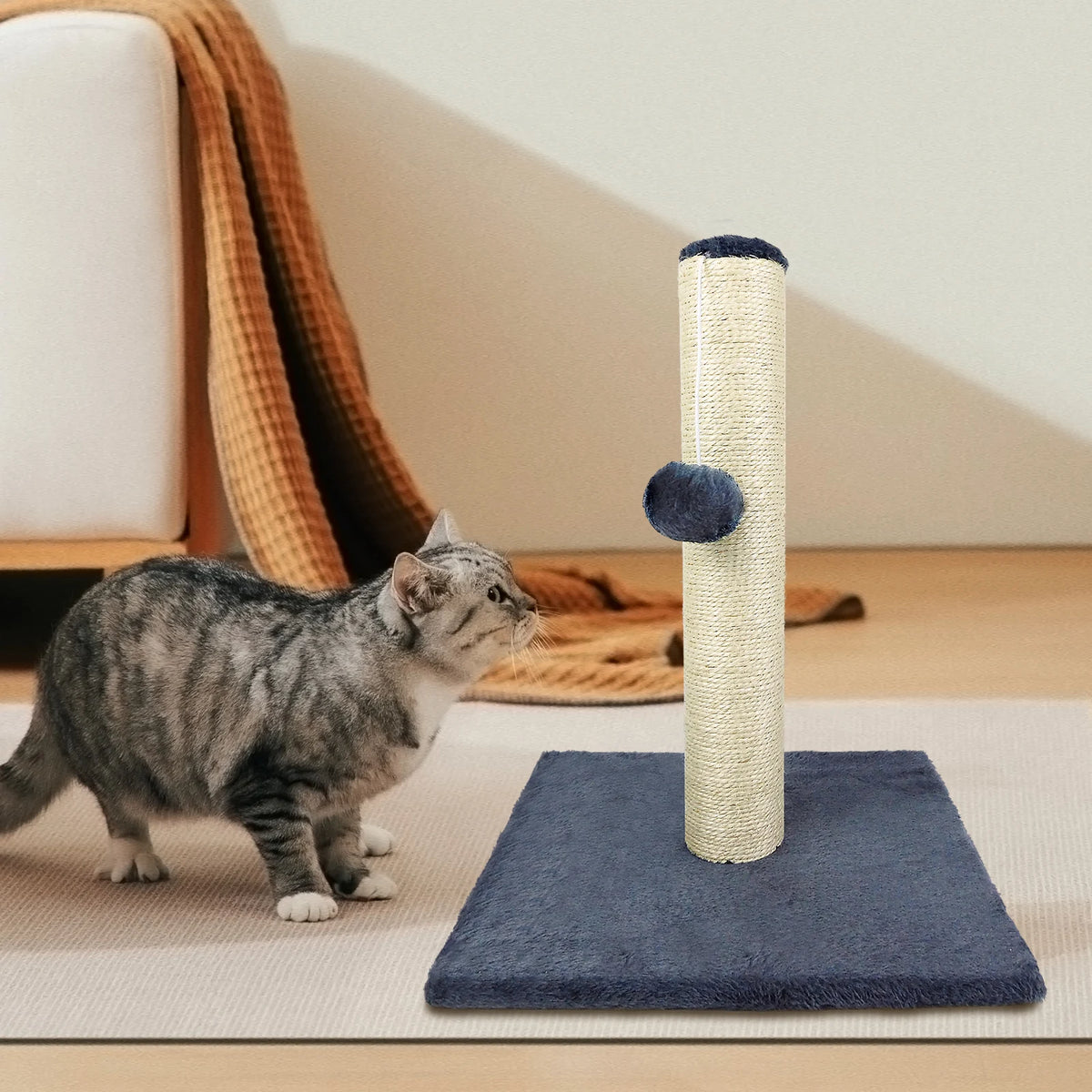Cat Scratching Post 40cm with Hanging Ball Natural Sisal and Plush Fabric Reinforced Anti Tip Base