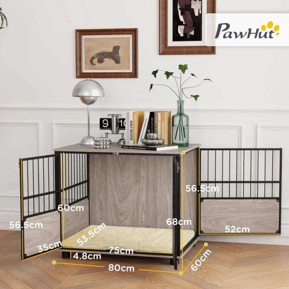 80cm Furniture Style Dog Crate End Table 3 Doors Soft Washable Cushion for Medium Dogs Brown