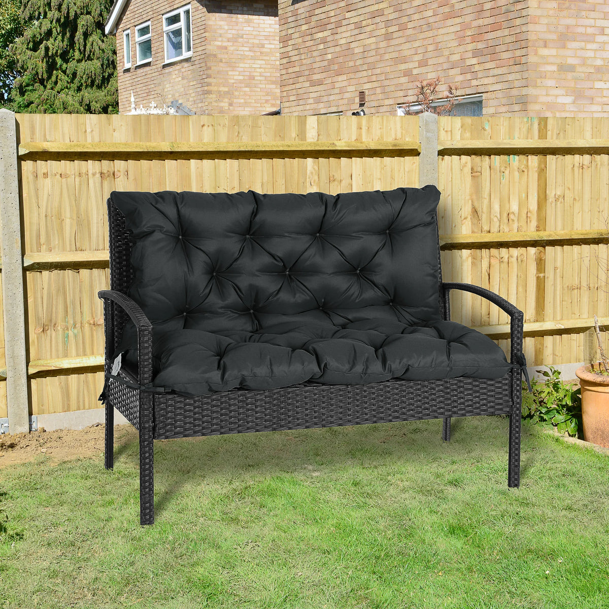 2 Seater Garden Bench Cushion, Outdoor Seat Pad with Ties, Black