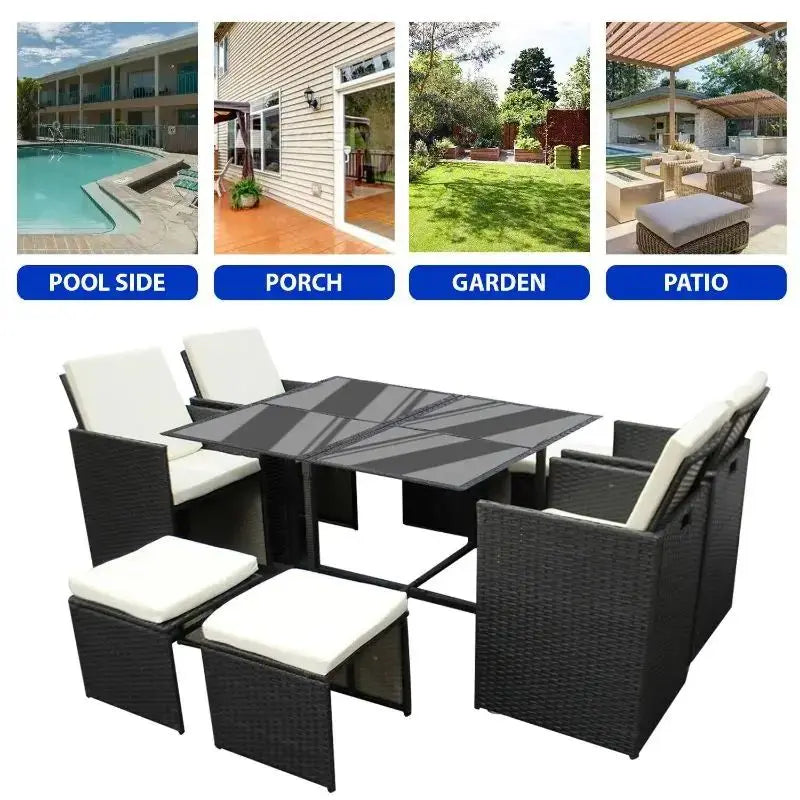 8 Seater Cube Rattan Garden Furniture Set 4 Sofas 4 Ottomans Table Tempered Glass Cushions Patio Outdoor